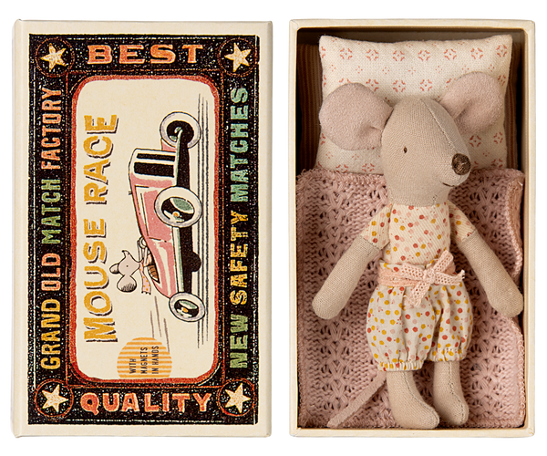 Jucarie Textila - Little sister mouse in matchbox - Maileg