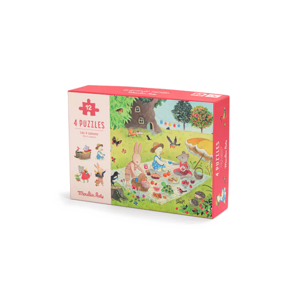 4 mini-puzzle-uri ale anotimpurilor, fiecare cu 12 piese - Moulin Roty